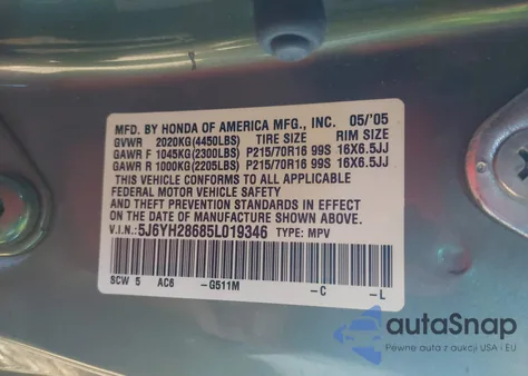 2005 Honda Element Ex из США, поврежденный, VIN 5J6YH28685L019346